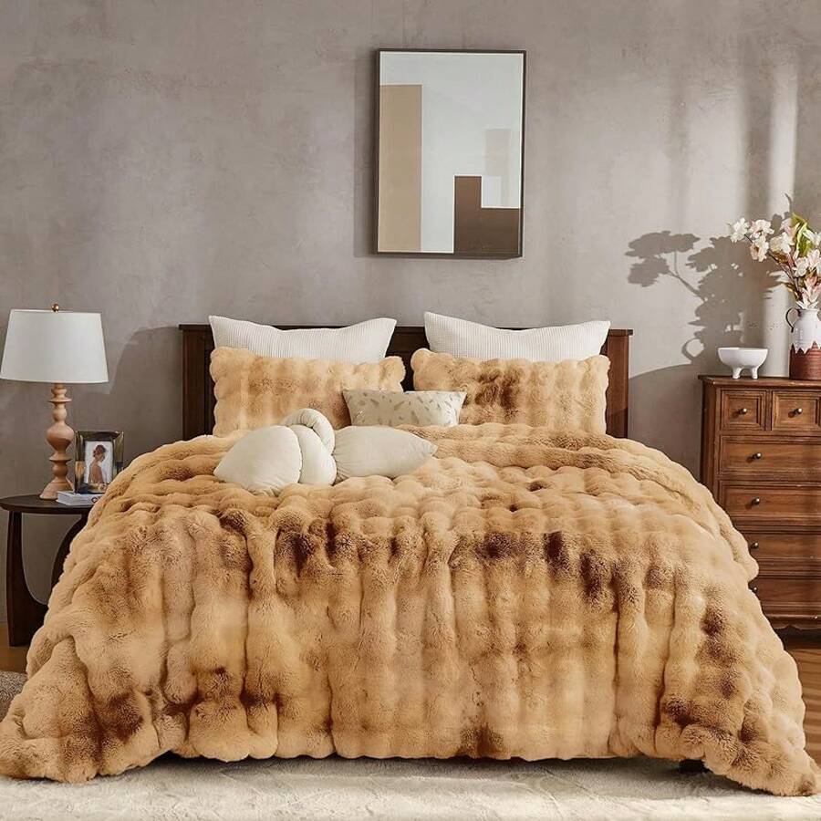 Comforter Set 3 Piece, Plush Fluffy Bedding, Geometric Pattern, Lightweight Bedspread Blanket All Season, Faux Comforter - Tie Dye-caramel - View 1