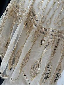 Scialle in rete di poliestere vintage con paillettes, colore champagne, adatto per matrimoni, banchetti, feste - accessorio delizioso, abbigliamento da banchetto, eleganza vintage, mantella con paillettes che può essere lavata a mano per abiti - multicolore - Visualizzare 8