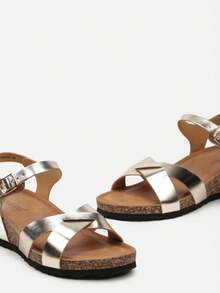 Silber Kork Keilsandalen Damen Sommer Lässig Reise - Gold - Übersicht 6