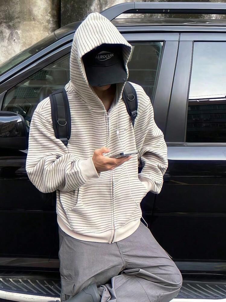 American Retro Striped Hooded Cardigan Sweatshirt Men's And