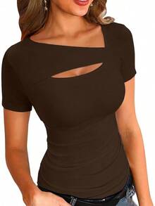 Womens Fashion Fall Cutout Long Sleeve Ribbed Slim Fitted Tops Shirts Tee Tshirts - Short-coffee - View 12