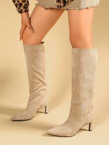 Solid Color Western Style Autumn/Winter Pointed Toe Kitten Heel Mid-Calf Boots - Khaki - View 3