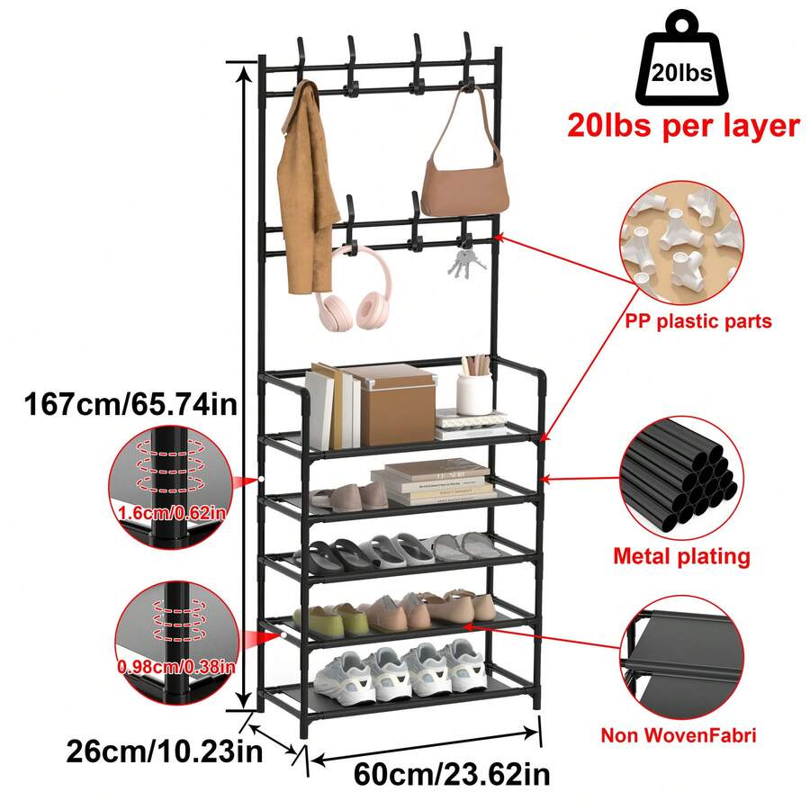 Multifunctional Metal Shoe Rack With Clothing Hanger, 5-Tier Space Saving Storage Organizer For Entryway, Dorm Room & Apartment, Easy Assembly Shoe Shelf For Shoes, Hats & Bags