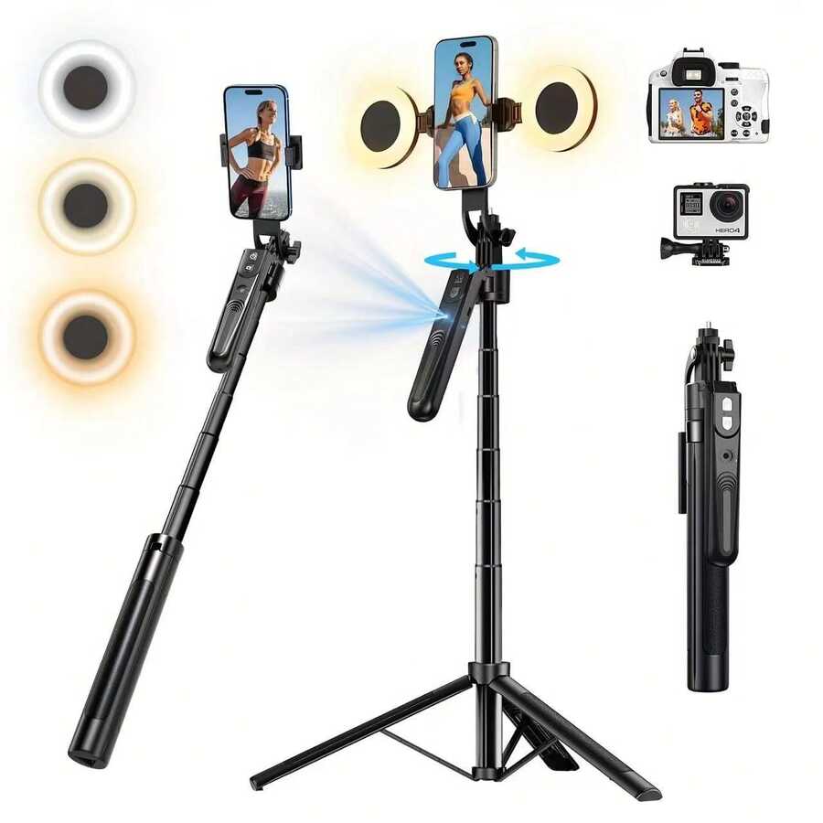 Chân máy theo dõi khuôn mặt tự động có thể mở rộng Xoay 360° Có đèn, Không cần ứng dụng, Chân máy điện thoại cảm biến chuyển động 70,9", Giá đỡ máy ảnh mặt thân máy điều khiển bằng cử chỉ để quay Vlog/Phát trực tiếp/Video Đèn LED kèm chân máy linh hoạt & Giá đỡ điện thoại để chụp ảnh tự sướng Quay video Zoom Meeting Nan Chịu lực mạnh - màu đen - Xem 1