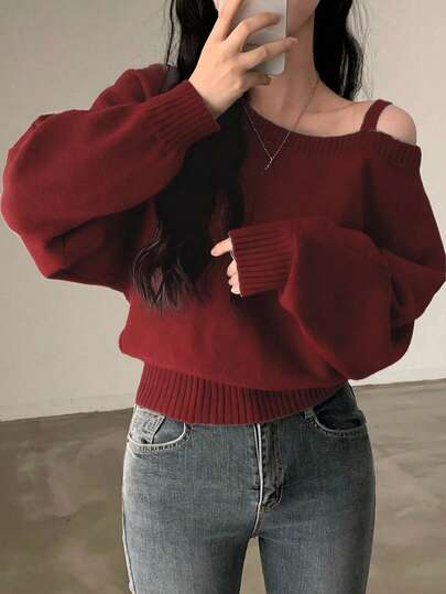 Women's Solid Color Casual Loose Fit Asymmetrical Shoulder Sweater, Autumn/Winter