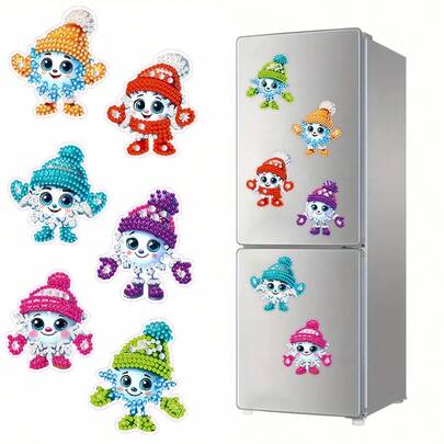 6 piezas Conjunto de muñeco de nieve multicolor con diamantes brillantes - Decoración de nevera de acrílico colorido hecho a mano, adecuado para fiestas y uso diario, decoraciones de coche y refrigerador DIY Art - Reflectante, pegatinas de coche y nevera fáciles de usar Accesorios decorativos DIY Regalo de Navidad