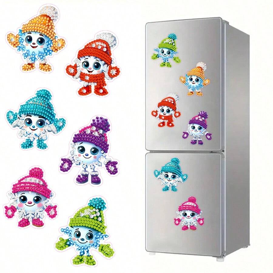 6 piezas Conjunto de muñeco de nieve multicolor con diamantes brillantes - Decoración de nevera de acrílico colorido hecho a mano, adecuado para fiestas y uso diario, decoraciones de coche y refrigerador DIY Art - Reflectante, pegatinas de coche y nevera fáciles de usar Accesorios decorativos DIY Regalo de Navidad