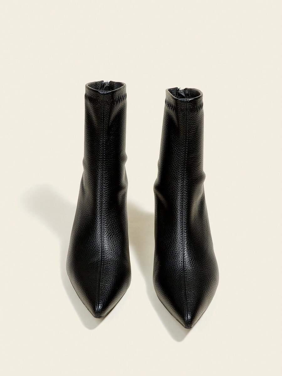 秋冬女士黑色踝靴，7厘米高跟，弹力修身靴，舒适时尚尖头高跟靴，猫跟 - 黑色 - 查看 1