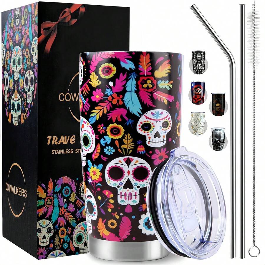 Taza Aislada de 20 oz Día de los Muertos y Halloween - Aislamiento de Doble Pared, Diseño de Calavera y Catrinas - Ideal para Café y Agua - Decoración Festiva para el Hogar o la Oficina (Múltiples Colores) - Rojo - Ver 1