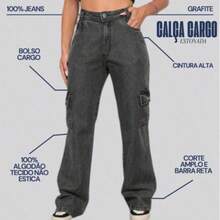 Calça Cargo Grafite  Feminina Cintura Alta  Simples    Casual  elegante  Festa    Bolso  Botão  Zíper    Escola  Diário
