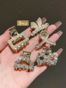 Elegant 5pcs/Set Faux Pearl & Rhinestone Decor Half-Ponytail Claw Clip For Women Y2k Hair Claws Hair Clips Hair Jaw Clip Hair Clamps Hair Clutch Hair Catcher Clip, School Stuff, College, Pearl Hair Accessories Fall Winter For Vacation Outfits Woman - Multicolor - View 12