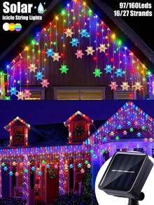 Solar Snowflake Icicle String Lights, 97/160 LED 16/27 Strands Christmas Lights For Indoor/Outdoor, IP65 Waterproof With 8 Modes Eave Lights, Suitable For Christmas, House, Garden, Trees, Yard, Stairs, Roof,Festival ,Party Decorations (Warm White/Multicolor/White)
