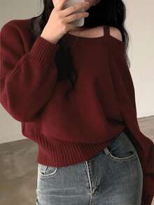 女士纯色休闲宽松不对称肩部毛衣，秋冬季