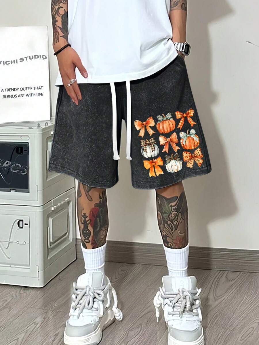 Men's Oversized Black Cotton Shorts With Pumpkin And Bow Embroidery Print, Casual Streetwear Style For Autumn Festival Outfits - 黑色 - 查看 1