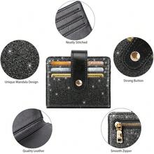 Slim Bifold Wallet RFID Credit Card Wallet Glitter Leather Small Cute Card Holder For Women, Black{"Color_name":"GlitterBlack"} - 多色15 - 查看 8