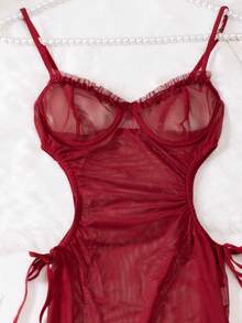 2 件套全新网状透明钢圈性感内衣套装，含镂空腰部、吊带背心和短裤 - 酒紅色 - 查看 8