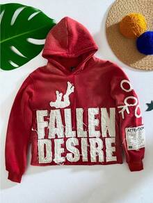 Y2K Hoodie For Man Pullover Sweatshirts"FALLEN DESIRE"Applique Embroidered Letter Graphic Hoodies - 紅色 - 查看 3