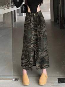 Camouflage Mid-Rise Midi Denim Skirt, Loose Fit With Slit, Casual For Spring/Summer - Multicolor - View 2