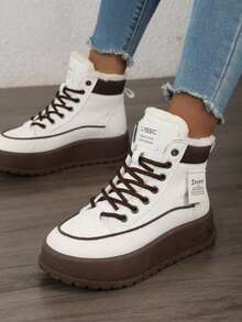 أحذية رياضية عالية الكعب مبطنة بالحرارة بطراز رجعي للنساء، أحذية كاجوال دافئة مع أربطة وحلقات معدنية