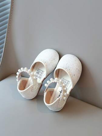 1 Pair Fashion Ballet Flats, 2025 Spring/Autumn New Princess Shoes With Hook And Loop, Pearl, Children/Baby Leather Shoes, Shiny Crystal Princess Shoes, Comfortable Soft Bottom, Campus Style Dance Shoes