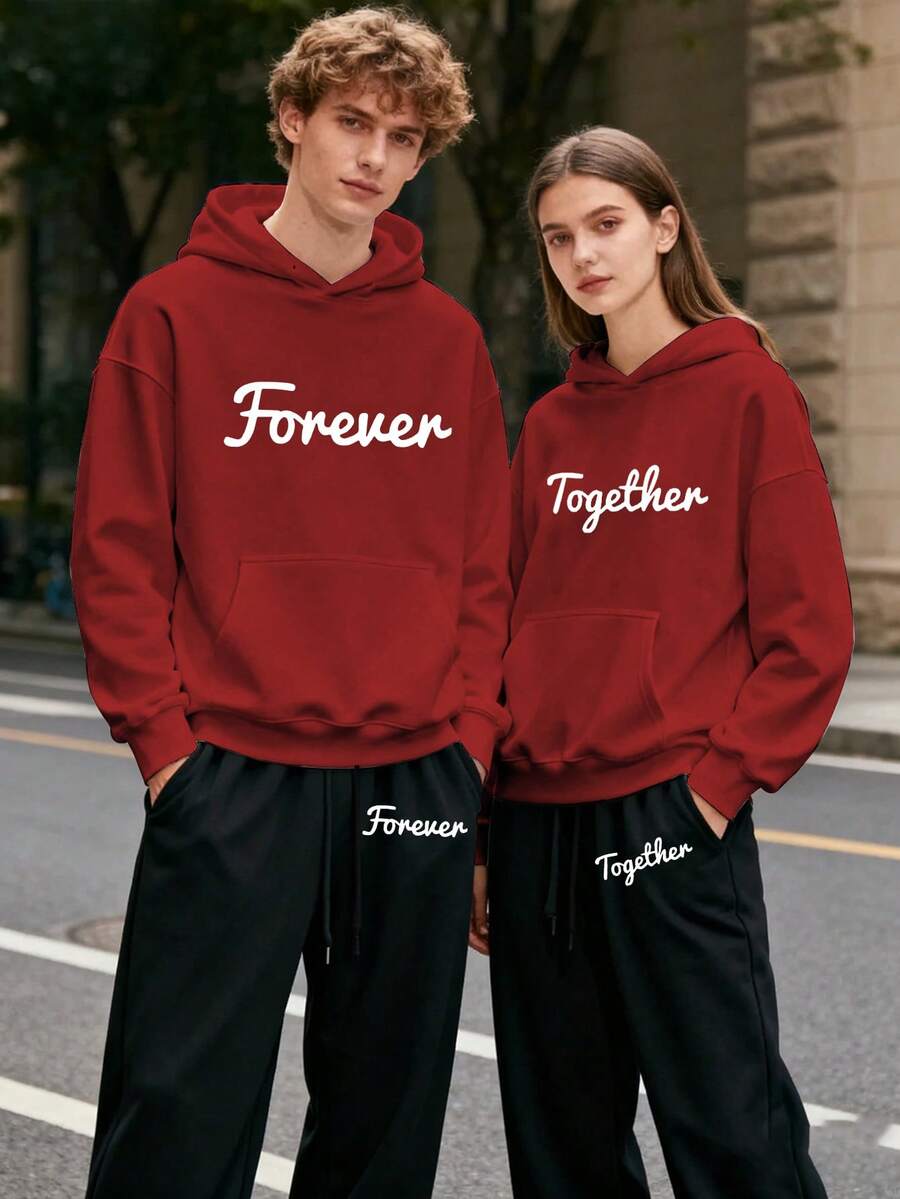(2PC) Couple's Set Of Fashionable And Casual Printed Hoodies And Sweatpants For Both Men And Women, Autumn And Winter Men's Sportswear, Fashionable And  Sportswear Printed, Suitable For Casual Outdoor Sports And Holiday Gift Giving.TOGETHER FOREVER - 男士-紅色 - 查看 1
