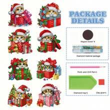 8 piezas Kit de pintura de diamantes, Lindo gatito con tema navideño - Imanes de nevera hechos a mano multicolor, Pegatinas para coche y nevera con accesorios de decoración DIY fáciles, Regalo adorable de Halloween y Navidad, Diamantes brillantes