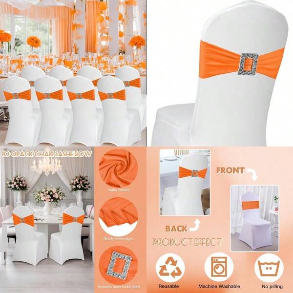 Fast Logistics Spandex Chair Sashes Bows 100 Pack Elastic Stretch Chair Cover Bands Ties With Buckle Slider For Wedding Party Banquet Restaurant Baby Shower Chair Decorations Orange