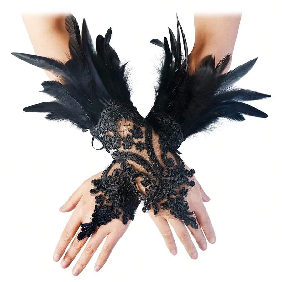 L'VOW 2Pcs Gothic Black Lace Feather Long Gloves For Women Halloween Witch Costume Swan Wristband Cuff{"Color_name":"B-Black"} - B-黑色 - 查看 1