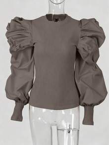 Fashionable Elegant Round Neck Fitted Puff Sleeve Splice Blouse - Khaki - View 4