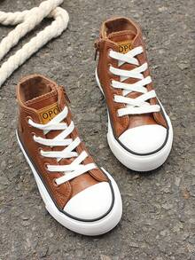 OPOEE Zapatos de tela negros, zapatillas de bebé, zapatos de lona de media altura, zapatos casuales para niños, estilo coreano de primavera/otoño, zapatos simples para niños/niñas, zapatos deportivos de moda con cordones de baja altura, zapatos de lona clásicos de baja altura, zapatos casuales de skate deportivos para niños - Marrón - Ver 3