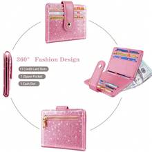 Slim Bifold Wallet RFID Credit Card Wallet Glitter Leather Small Cute Card Holder For Women, Pink{"Color_name":"GlitterPink"} - 多色5 - 查看 7