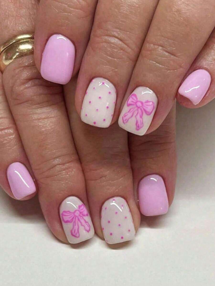 X Milania Upgrade Your Style Instantly, 24pcs/Set Minimalist Short Square Pink Cute Bow Press-On Full Cover False Nails, Comes With 1pc Jelly Gel And 1pc Nail File Set To Add A Touch Of Romance, Making You Look Sweet For Daily Dates - 彩色 - 查看 1