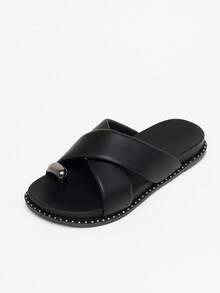 Women's Casual Comfortable Elegant Blogger Sandal In Leather With Low Platform And Toe Detail - 黑色 - 查看 9