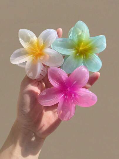 3个/1个 7.4厘米/2.91英寸 白色、蓝色、粉色芙蓉花造型轻盈塑料发夹，时尚百搭优雅简约纯色发爪，适合日常、休闲、派对、海滩、通勤等场合 - 发型设计、化妆、服装配饰，优雅爪夹，冬季发饰，时尚发夹，夏季度假必备