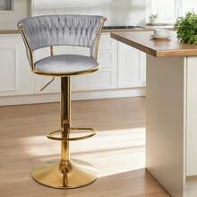 2er-Set Küchenhocker mit Samtbezug, geflochtener Rückenlehne und verstellbarer Höhe, Barhocker, Restaurant, drehbare Struktur in Gold mit Fußstütze, modernes Design