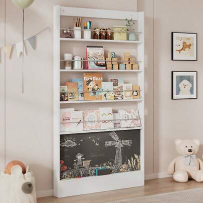 Picture Book Shelf, Display Shelf, Bookcase, Children's Room Bookcase, 4-Tier Storage Shelf + Paintable Blackboard, Anti-Tipping/Space Saving, Shelf Behind Door, 100*10*180cm