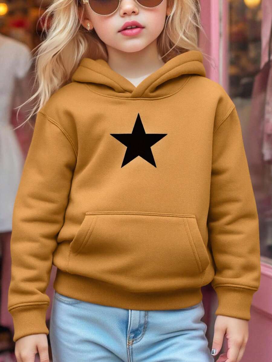 DEVIT - Sudadera negra para niña con capucha y estrella plateada al frente, estilo casual moderno sin jareta, ideal para invierno o uso diario, tela suave tipo french terry - Camel - Ver 1