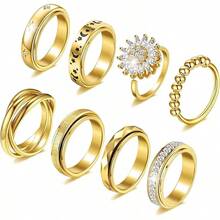 8 Pcs Fidget Rings For Women Anxiety Spinner Stainless Steel CZ Band Ring Spinning Rings Set For Anxiety2025 - 金色 - 查看 1