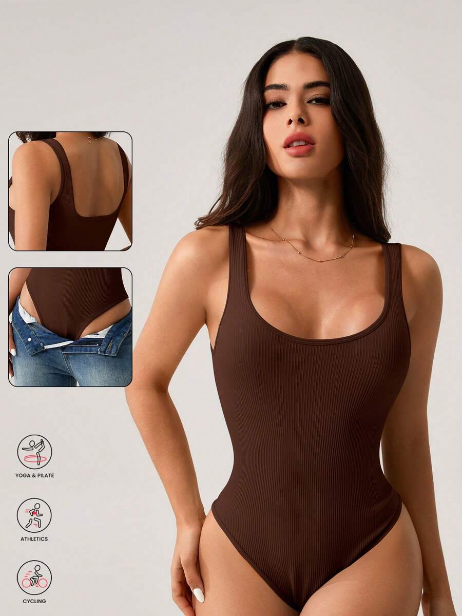 NcmRyu Women's Solid Color Seamless Ribbed Romper - Sleeveless, Comfortable Breathable Slim-Fit Jumpsuit For Yoga, Workout, Exercise & Casual Wear - 棕色 - 查看 1