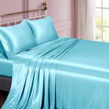 Silky Soft Pink Twin XL Satin Bed Sheets Set, 1 Deep Pocket Fitted Sheet + 1 Flat Sheet + 1 Pillowcase,  In 2025 - 天藍色 - 查看 2