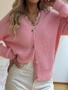 Women's V-Neck Cardigan - Lace Collar Decorated With Crystal Rhinestones, Solid Color Knit Sweater, Long Sleeve Open Front, Showcasing Feminine Casual Chic Style - Pink - View 4