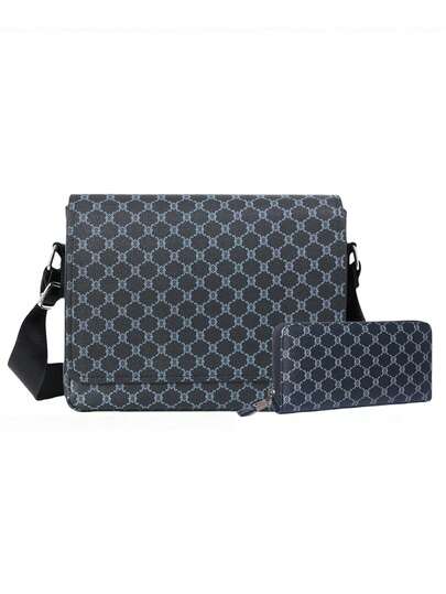 Men's Crossbody Bag & Long Wallet Set Black And Blue Geometric Print Combo,Long Wallet With Card Slots + Zipper Pockets, Crossbody Bag Can Holds Wallet/Umbrella/Notebook, A Set Meets The Needs Of Everyday Outings,Perfect Gift For Men