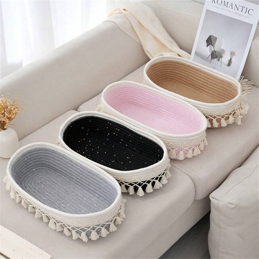 1 Giỏ đựng đồ dệt thủ công, Hộp đựng đồ để bàn đựng mỹ phẩm, cọ trang điểm - Không gây dị ứng, Hộp đựng đồ để bàn nhẹ, Thích hợp đựng mỹ phẩm, bút, v.v. - Sợi trắng tự nhiên - Nhiều màu - Xem 1