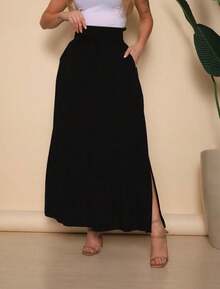 Women's Long Viscolinho Skirt With Pockets And Side Slit, Evangelical Fashion, Lined, Casual Fashion, High Waist - 黑色 - 查看 1