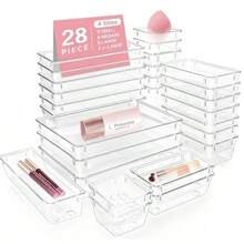 28 PCS Clear Plastic Drawer Organiser Set 4 Sizes Makeup Organisers NonSlip Storage Containers For Makeup Jewelry Bedroom Bathroom Kitchen Gadgets Utensils And Office