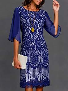 GLOURI Elegant Floral Lace Mother Of The Bride Dress – Shift Midi Dress With 3/4 Tulip Sleeves, Boat Collar, Garden Party And Wedding Guest Dress (Semi-Formal Occasions) - 藏蓝色 - 查看 1