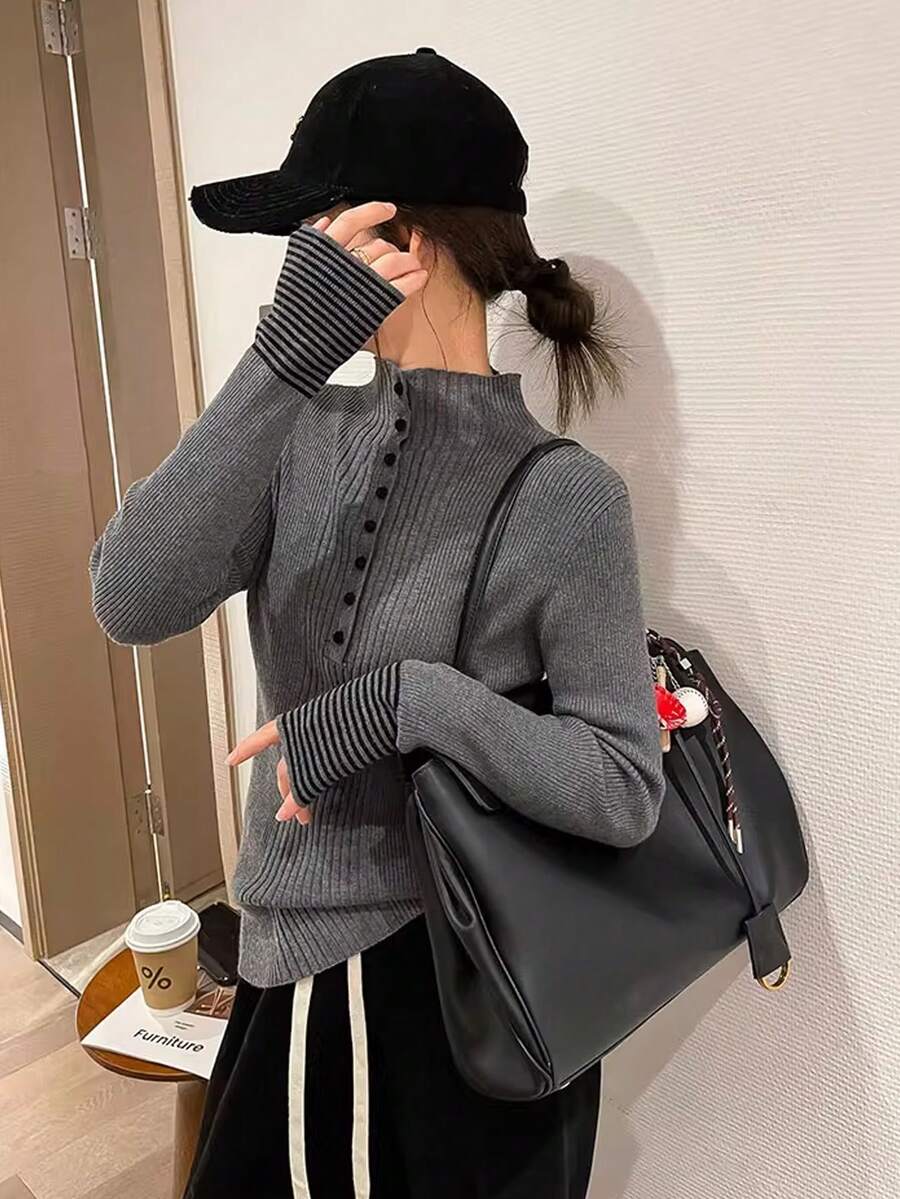 女式灰色高领长袖针织毛衣，修身版型，可叠穿或作为外套，秋冬 - 灰色 - 查看 1