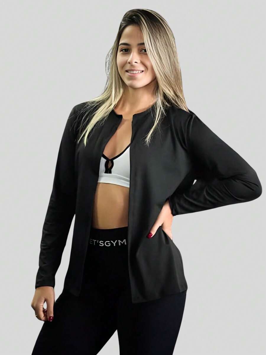 Women's UV Protection Thermal Jacket Lightweight Workout Gym Sports Second Skin Top Sun Protection 50+UV Windbreaker - 黑色 - 查看 1