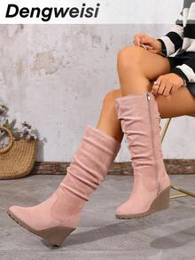 柔软面料褶裥侧拉链中筒圆头粗跟切尔西靴，百搭优雅通勤日常时尚女式踝靴 - 粉色 - 查看 2