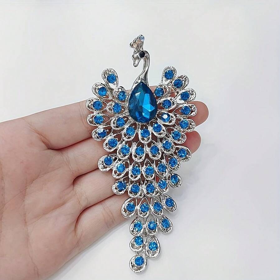 Elegant And Luxurious Peacock-Style Brooch With Tassel Decoration, Made Of Zinc Alloy, Suitable For Everyday And Special Occasions, Shiny Diamond Decoration For Dresses, Coats, And Scarves. - 藍色 - 查看 1